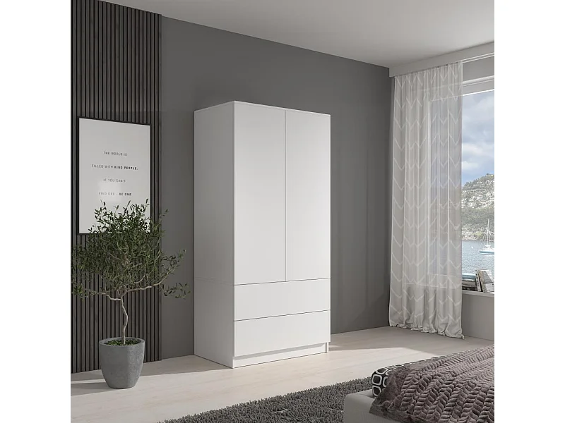 ARMOIRE A PORTES TIRANTES Classic 90/180/50 cm 2 portes avec tiroirs blanc