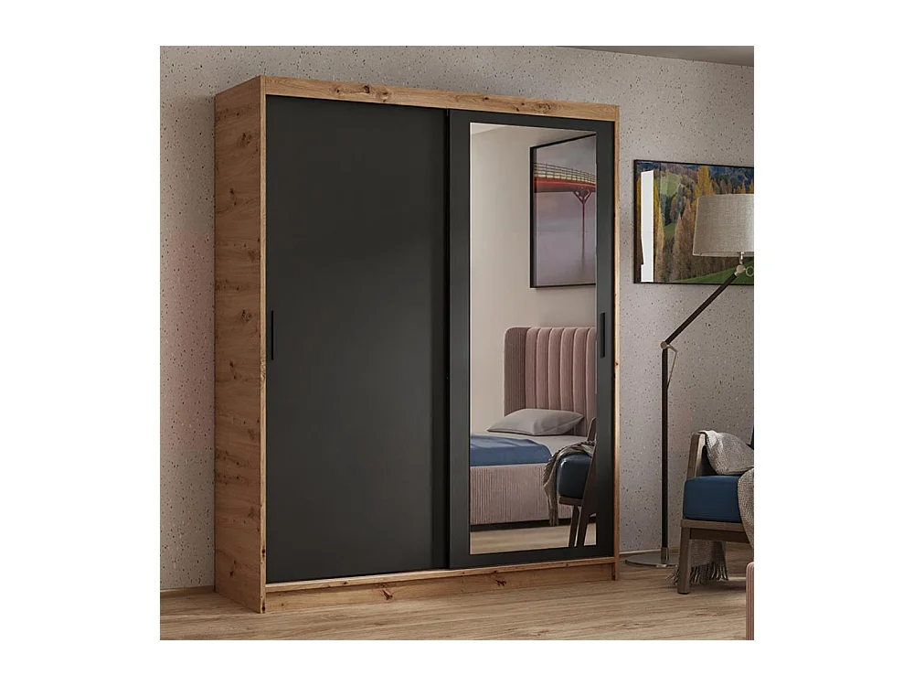 ARMOIRE A PORTES FERMÉES Hela 160/205/60 2 portes chêne Artisan/noir avec tiroirs