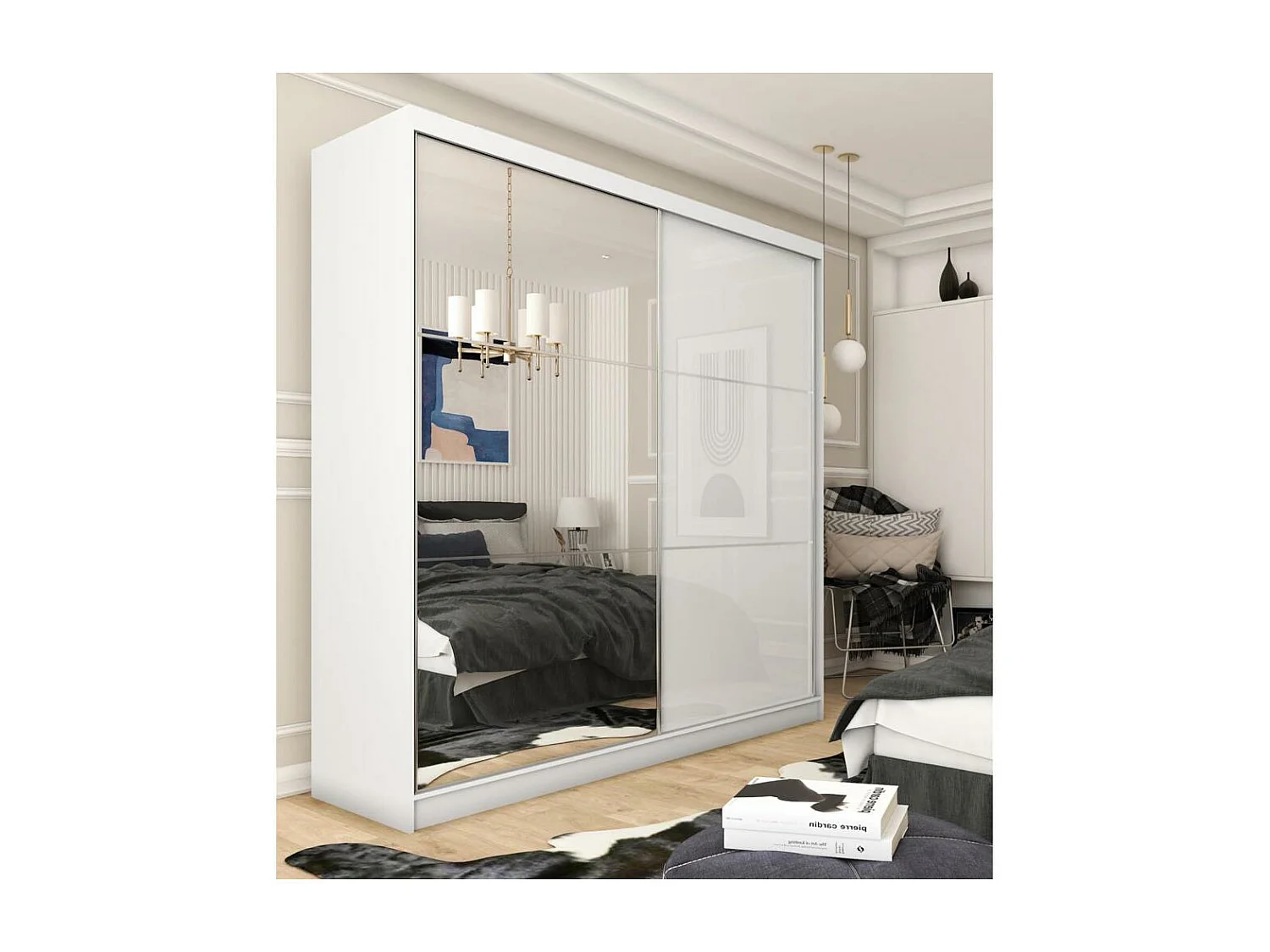 SCHWEBETÜRENSCHRANK Viva 200/216/61 weiß mit Spiegel und Schubladeneinsätze