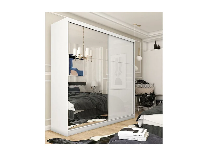 SCHWEBETÜRENSCHRANK Viva 200/216/61 weiß mit Spiegel und Schubladeneinsätze