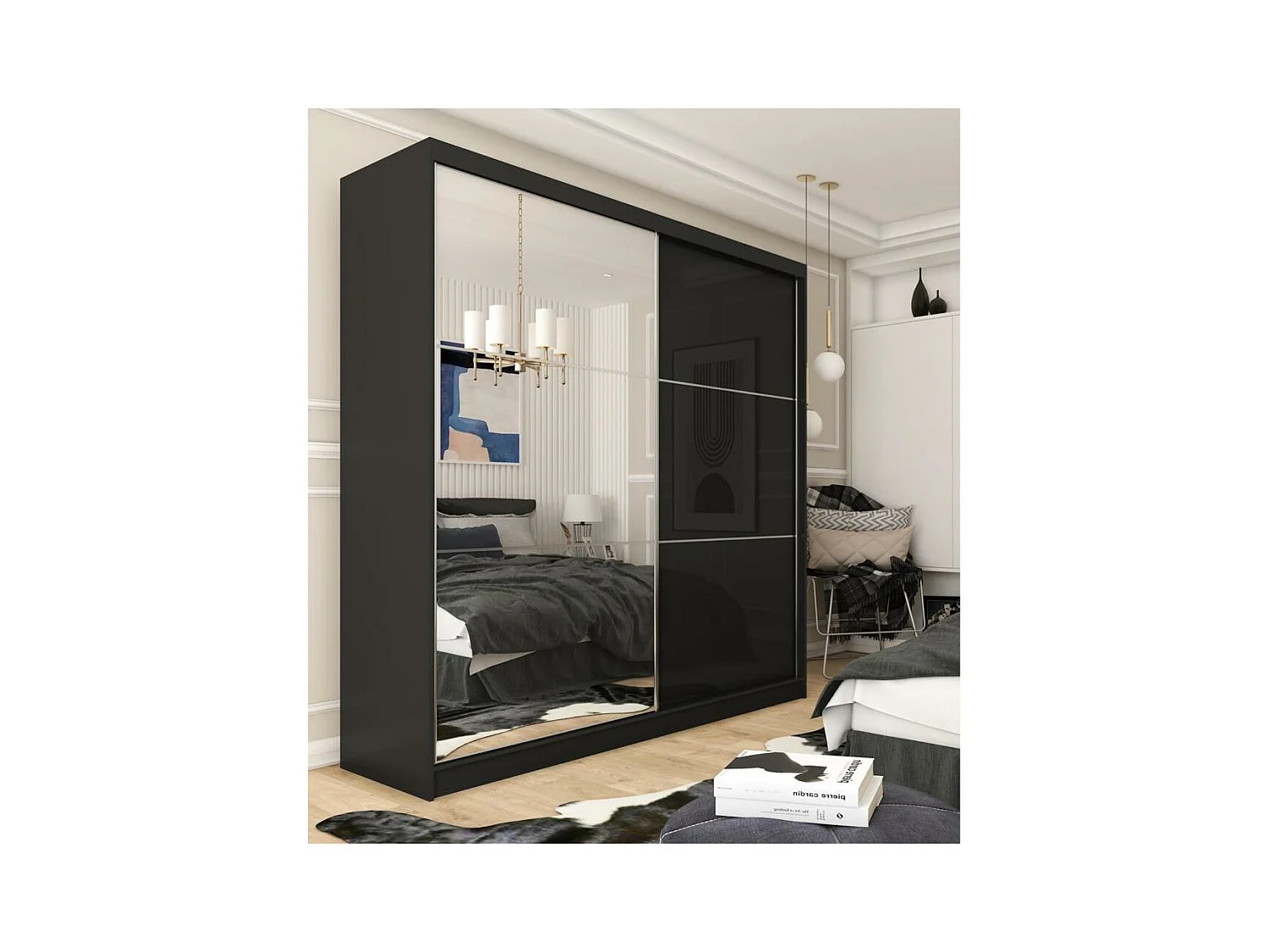 SCHWEBETÜRENSCHRANK Viva 200/216/61 schwarz mit Spiegel und Schubladeneinsätze