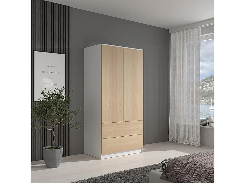 ARMOIRE A PORTES TIRANTES Classic 90/180/50 cm 2 portes avec tiroirs blanc+chêne Sonoma
