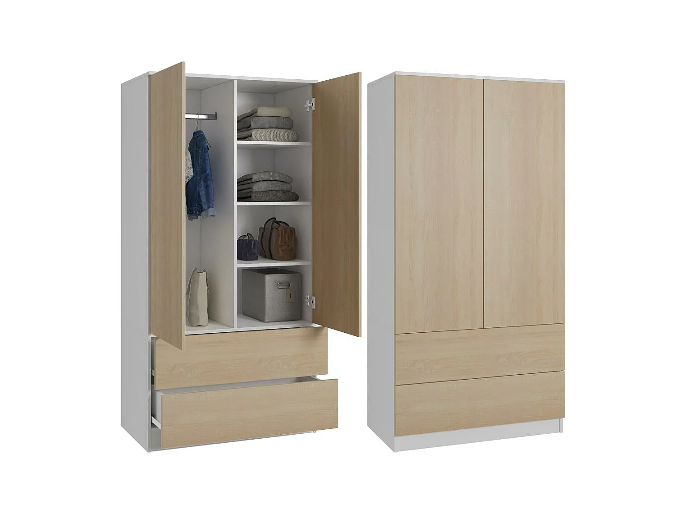 ARMOIRE A PORTES TIRANTES Classic 90/180/50 cm 2 portes avec tiroirs blanc+chêne Sonoma