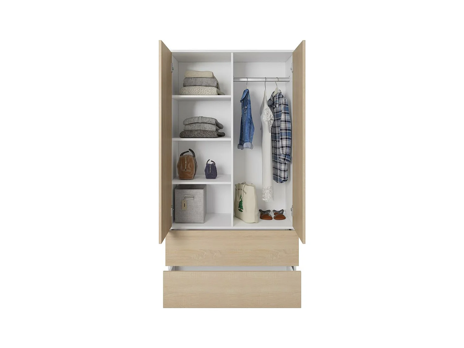 ARMOIRE A PORTES TIRANTES Classic 90/180/50 cm 2 portes avec tiroirs blanc+chêne Sonoma