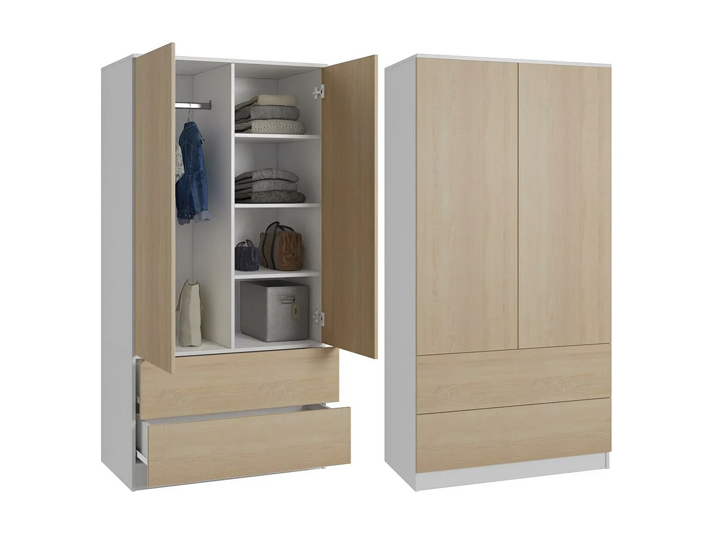 ARMOIRE A PORTES TIRANTES Classic 90/180/50 cm 2 portes avec tiroirs blanc+chêne Sonoma