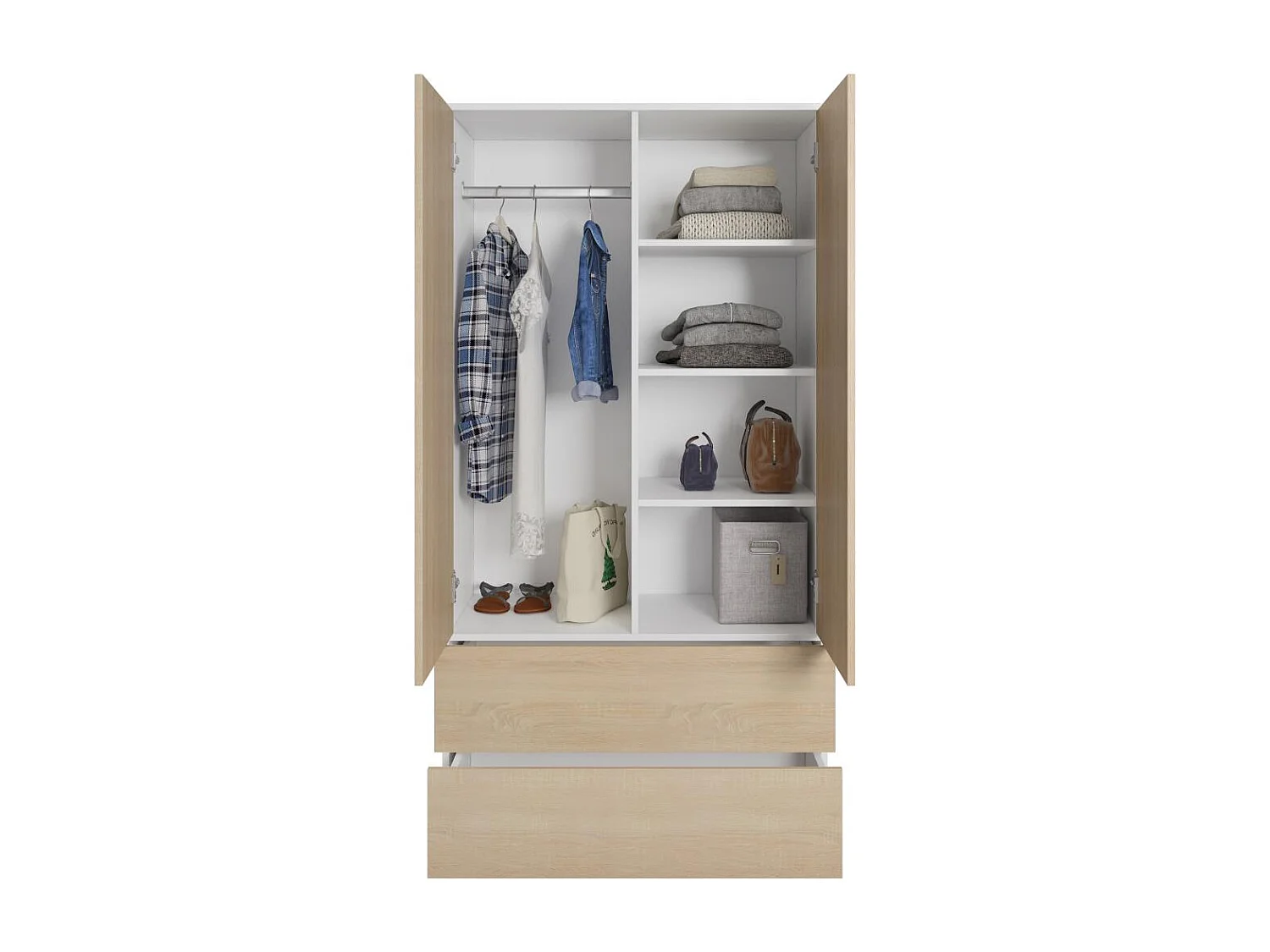 ARMOIRE A PORTES TIRANTES Classic 90/180/50 cm 2 portes avec tiroirs blanc+chêne Sonoma