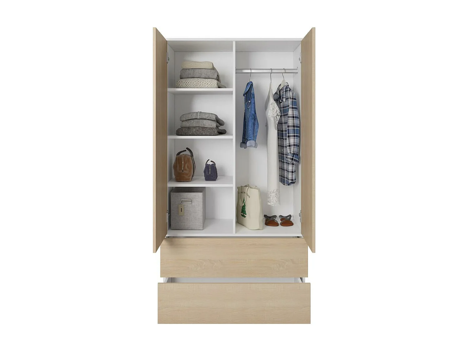 ARMOIRE A PORTES TIRANTES Classic 90/180/50 cm 2 portes avec tiroirs blanc+chêne Sonoma