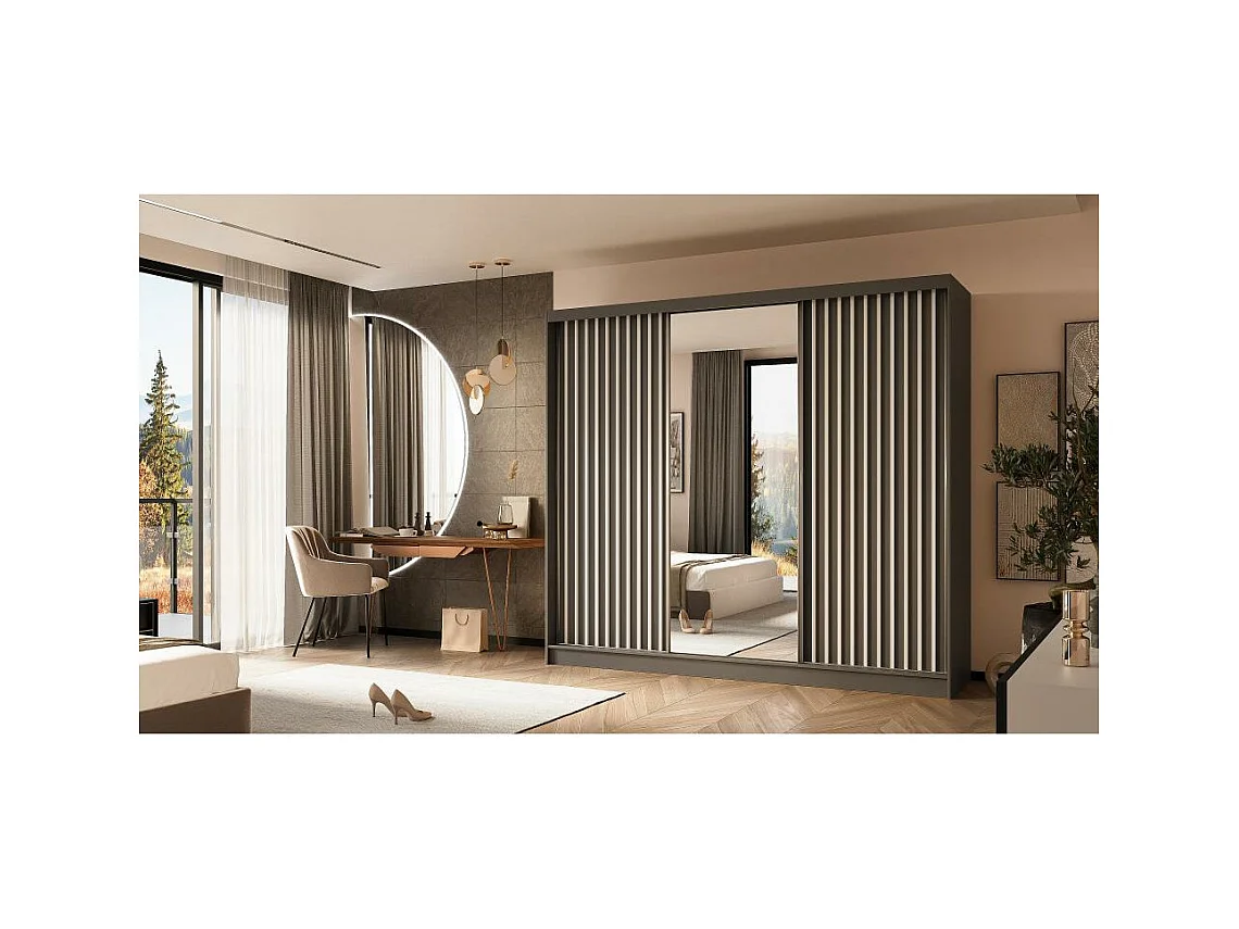 SCHWEBETÜRENSCHRANK Helix 240/216/61 grau+weiß mit Schubladeneinsätze