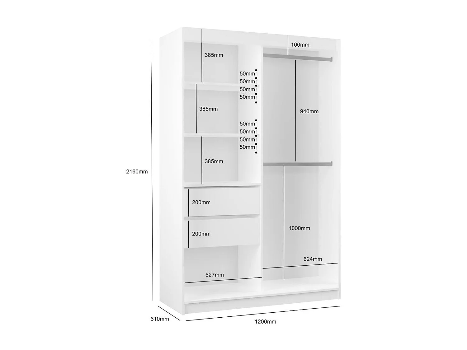 ARMOIRE A PORTES FERMÉES Viva II 120/216/61 kaschmir avec verre Lacobel et tiroirs