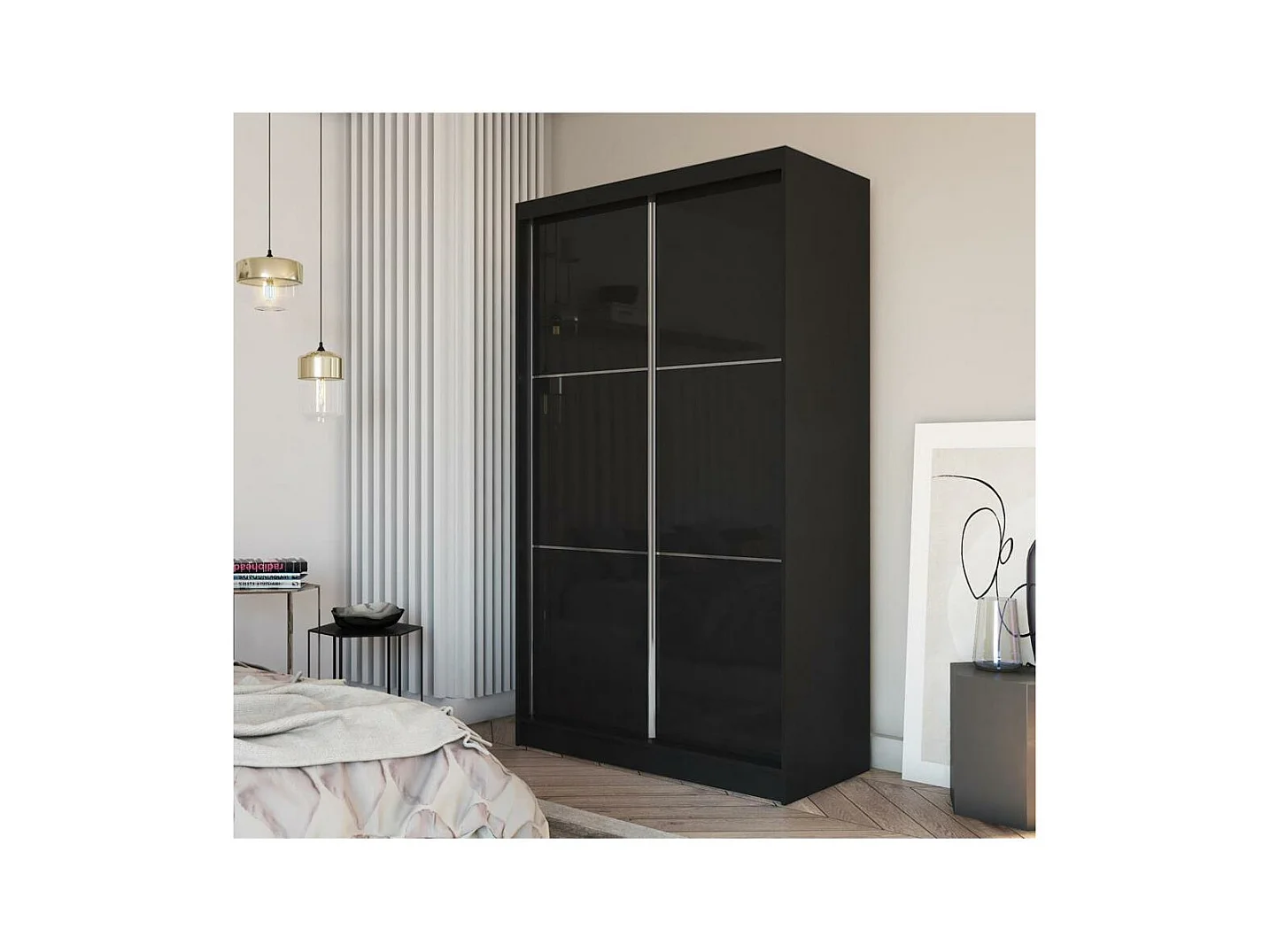 SCHWEBETÜRENSCHRANK Viva 150/216/61 schwarz mit Lacobel-Glas und Schubladeneinsätze