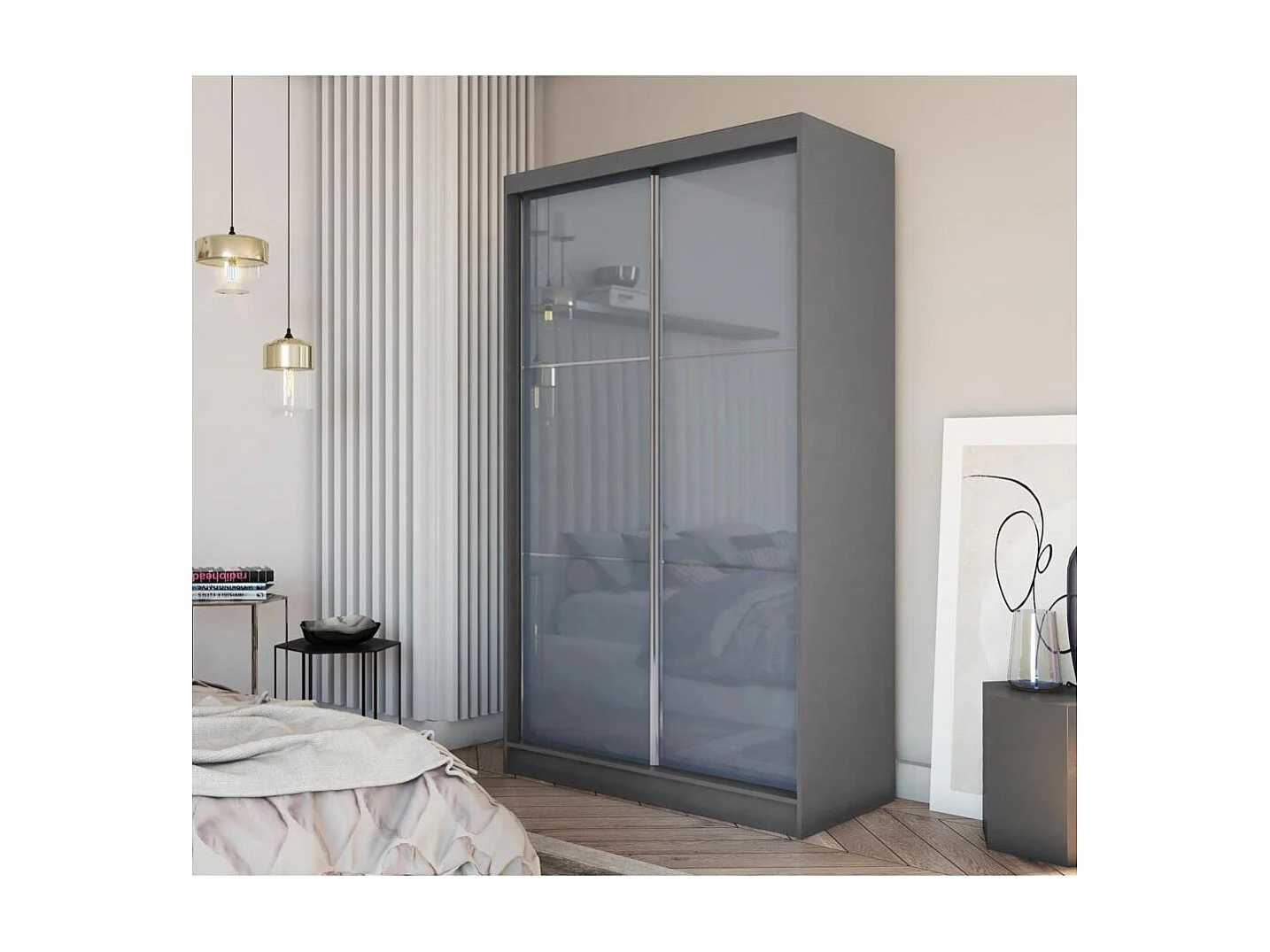 ARMOIRE À PORTES FERMÉES Viva 150/216/61 graphite avec verre Lacobel et blocs-tiroirs