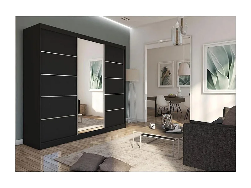 ARMOIRE A PORTES FERMÉES Marika 240/216/61 noir avec miroir et tiroirs