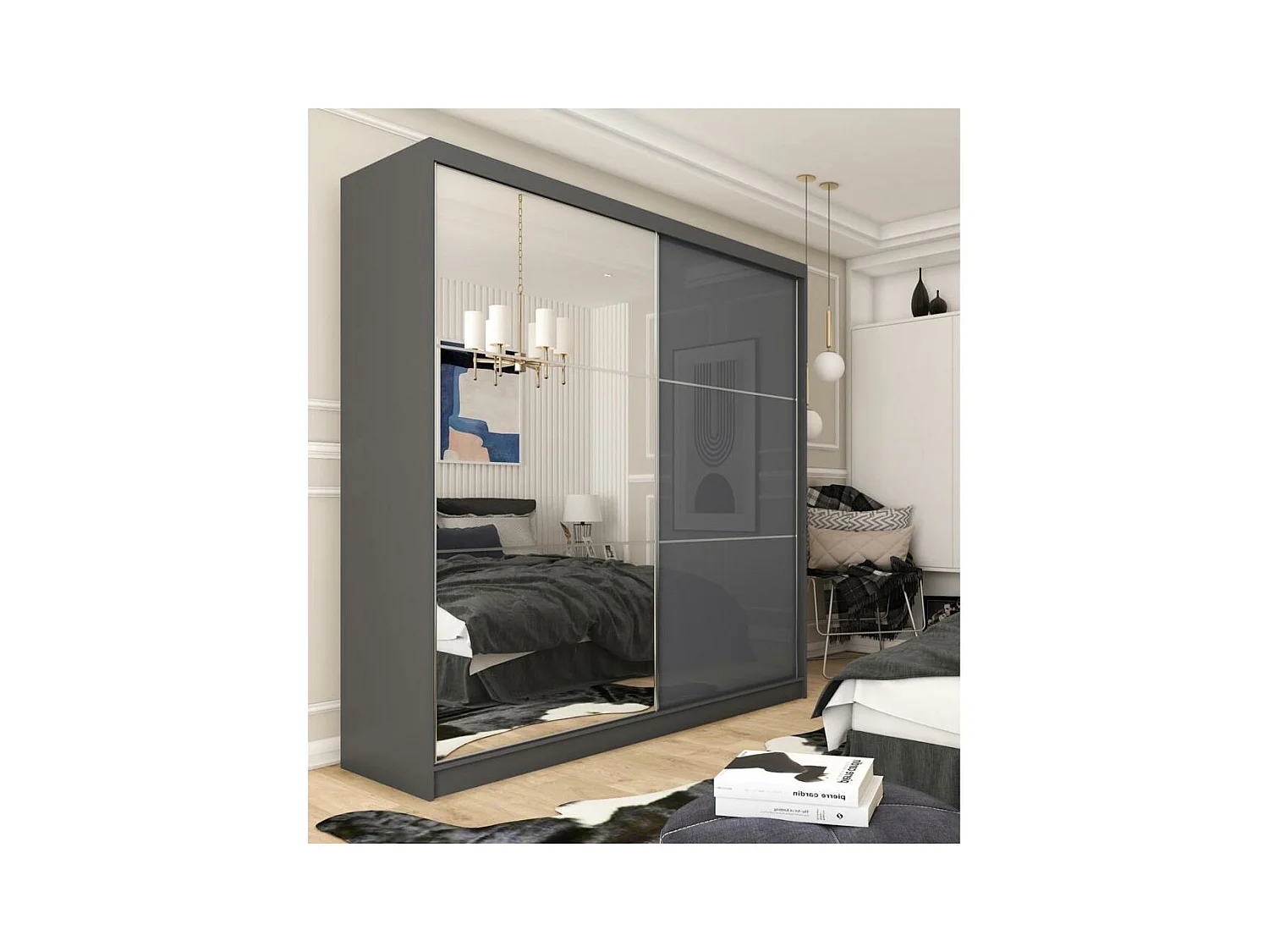 ARMOIRE À PORTES FERMÉES Viva 200/216/61 graphite avec miroir et blocs-tiroirs