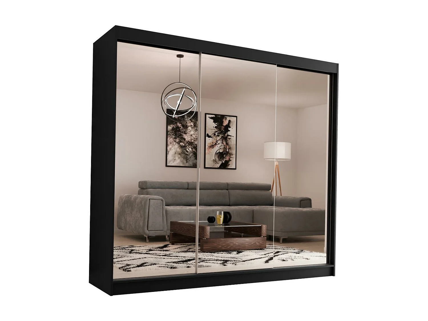 SCHWEBETÜRENSCHRANK Debra 240/216/61 schwarz mit Spiegel und Schubladen