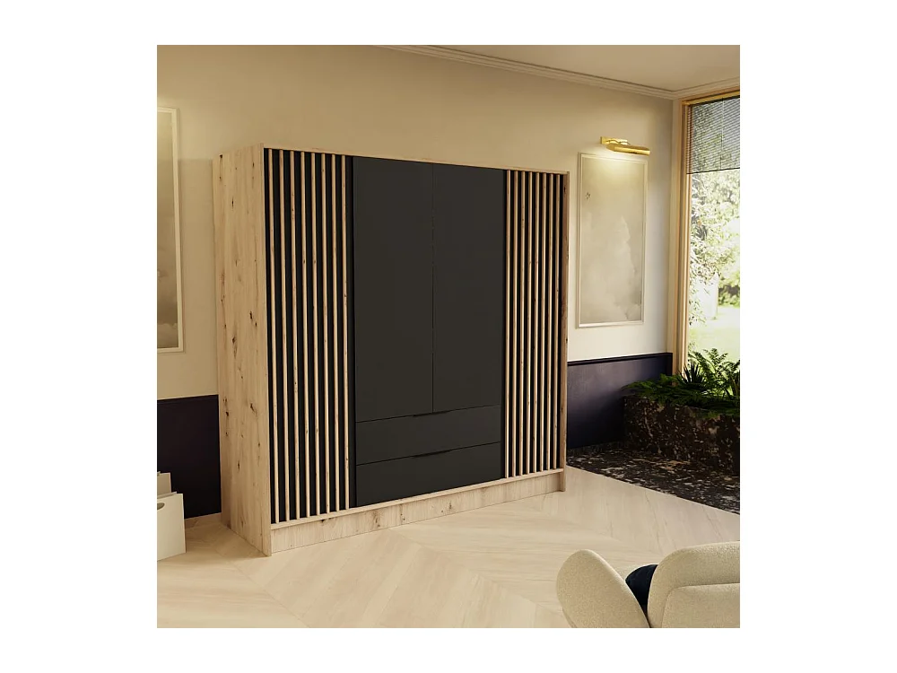 DREHTÜRENSCHRANK Nero 200/51/200 cm mit Lamellen eiche artisan+schwarz