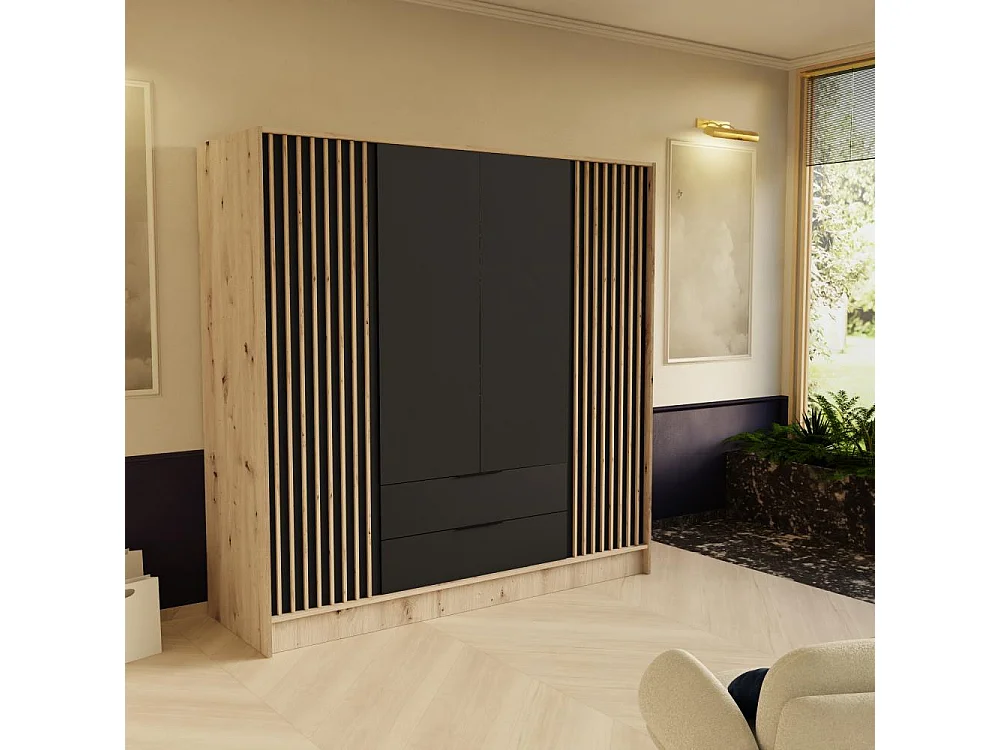 ARMOIRE A PORTES TOURNANTES Nero 200/51/200 cm avec lamelles chêne artisan+noir
