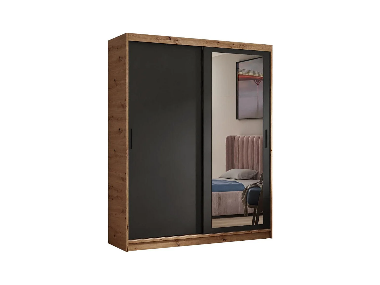 ARMOIRE A PORTES FERMÉES Hela 160/205/60 2 portes chêne Artisan/noir avec miroir