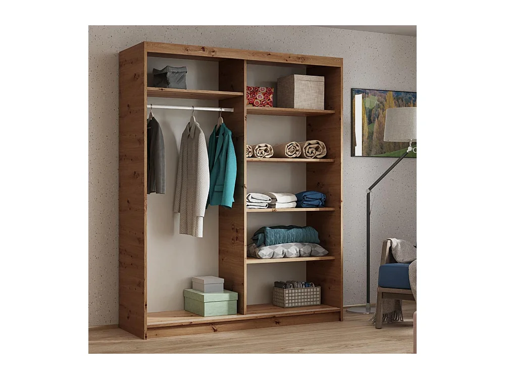 ARMOIRE A PORTES FERMÉES Hela 160/205/60 2 portes chêne Artisan/noir avec miroir