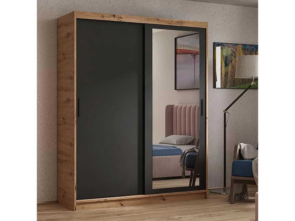 ARMOIRE A PORTES FERMÉES Hela 160/205/60 2 portes chêne Artisan/noir avec miroir