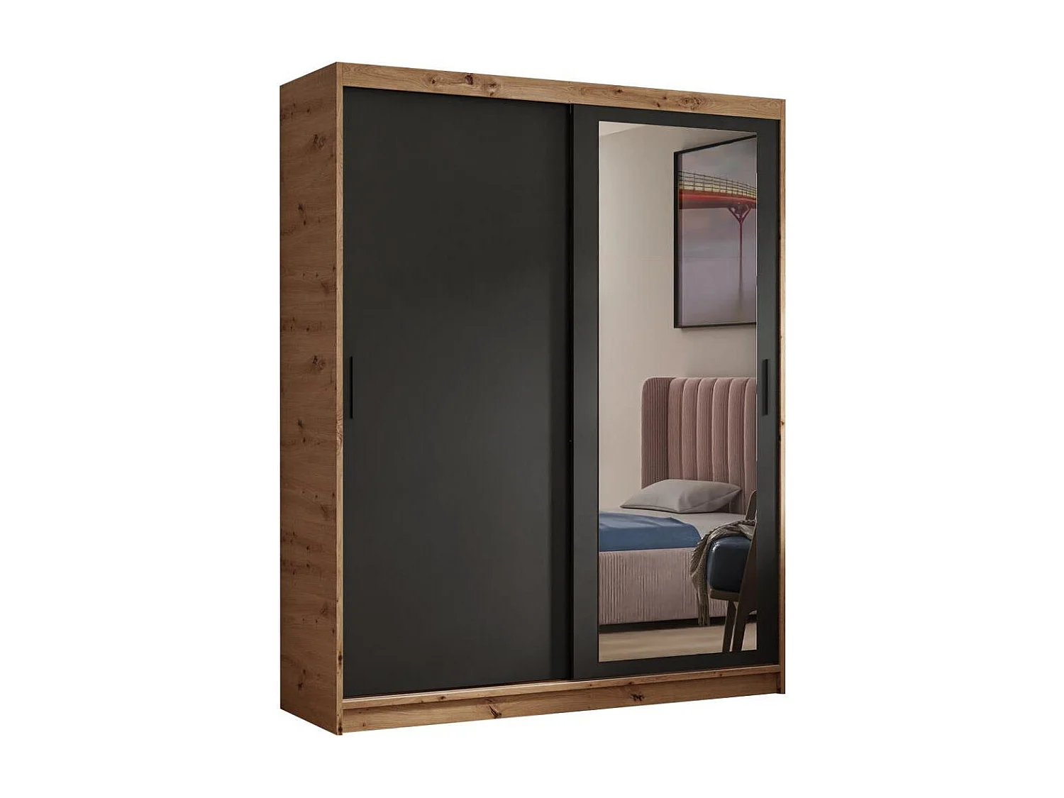 ARMOIRE A PORTES FERMÉES Hela 160/205/60 2 portes chêne Artisan/noir avec miroir