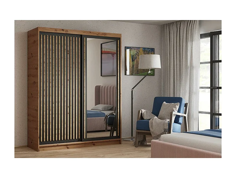 ARMOIRE A PORTES FERMÉES Donatello 180/205/60 2 portes chêne Artisan/noir avec miroir