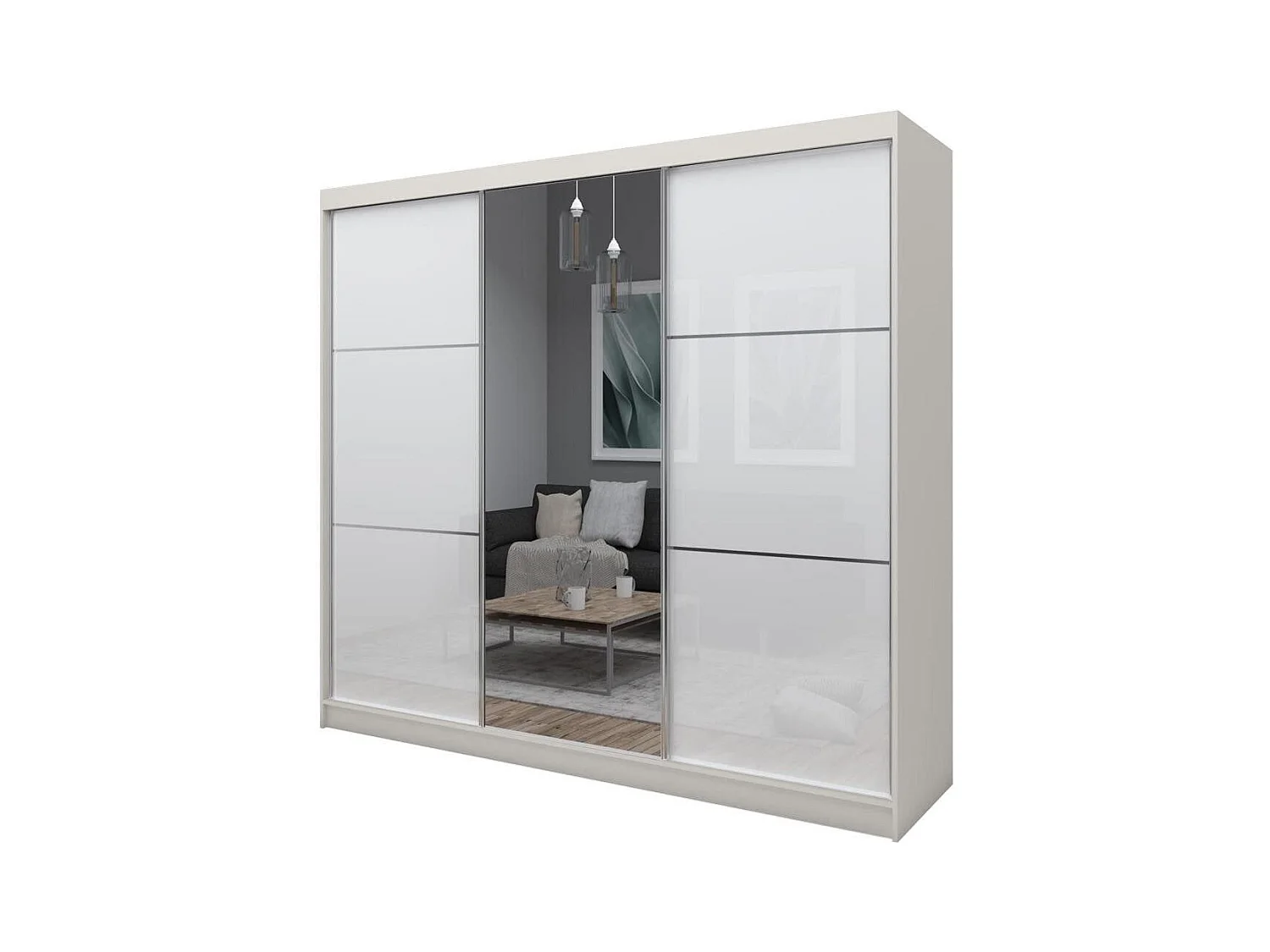 SCHWEBETÜRENSCHRANK Viva II 240/216/61 kaschmirmit Lacobel-Glas und Schubladen