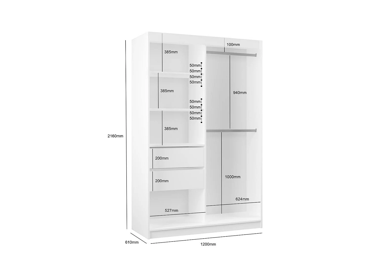 ARMOIRE A PORTES FERMÉES Helix II 120/216/61 cachemire+noir avec tiroirs