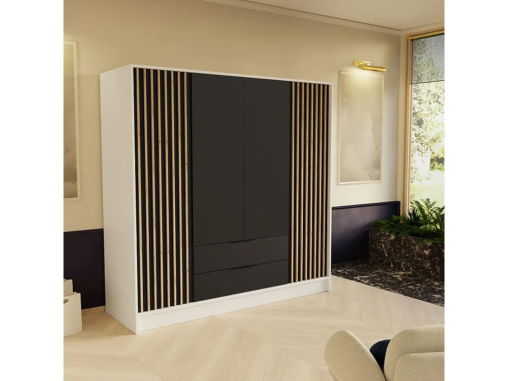 DREHTÜRENSCHRANK Nero 200/51/200 cm mit Lamellen weiß+schwarz