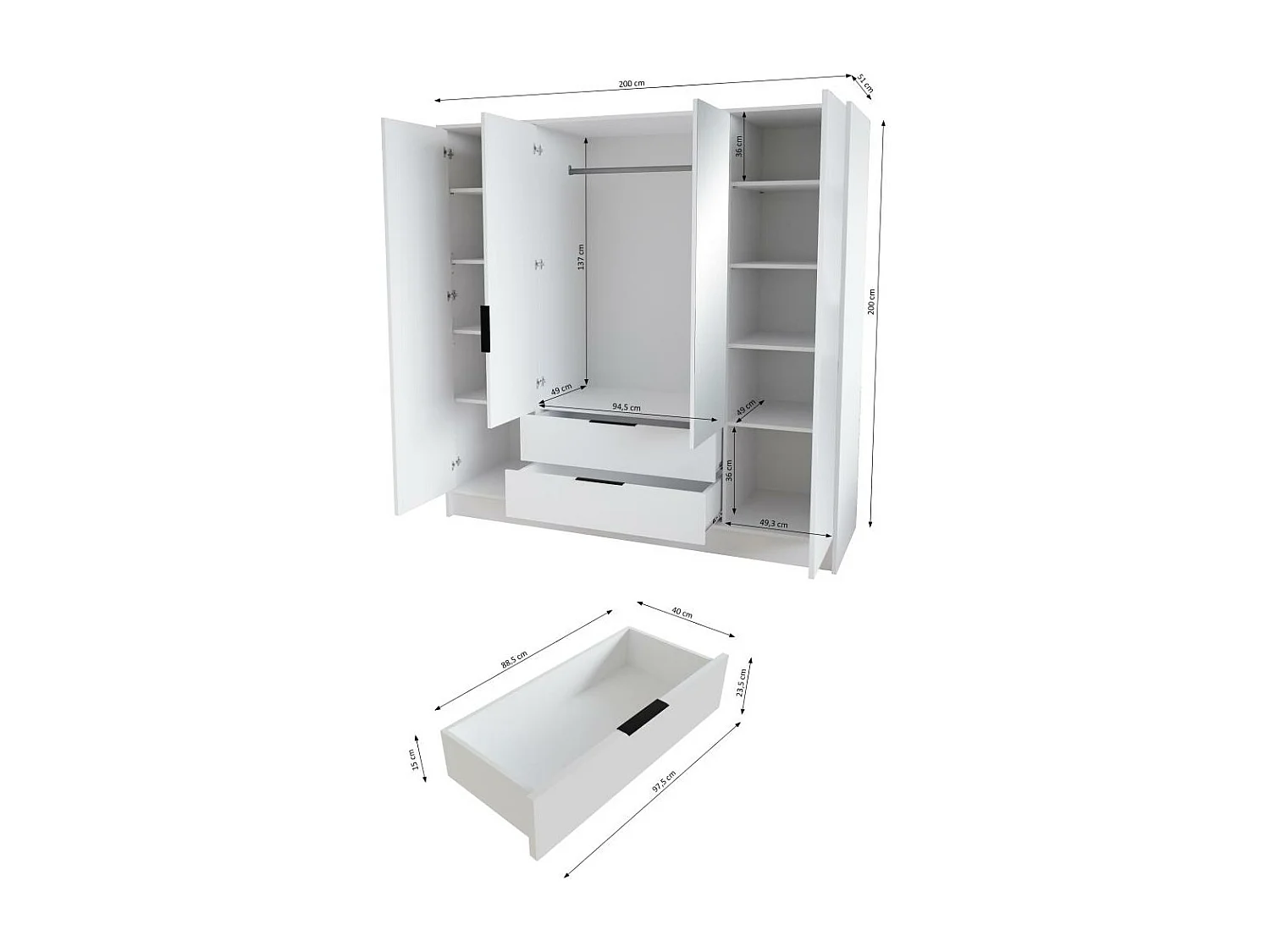 DREHTÜRENSCHRANK Nero 200/51/200 cm mit Lamellen weiß+schwarz