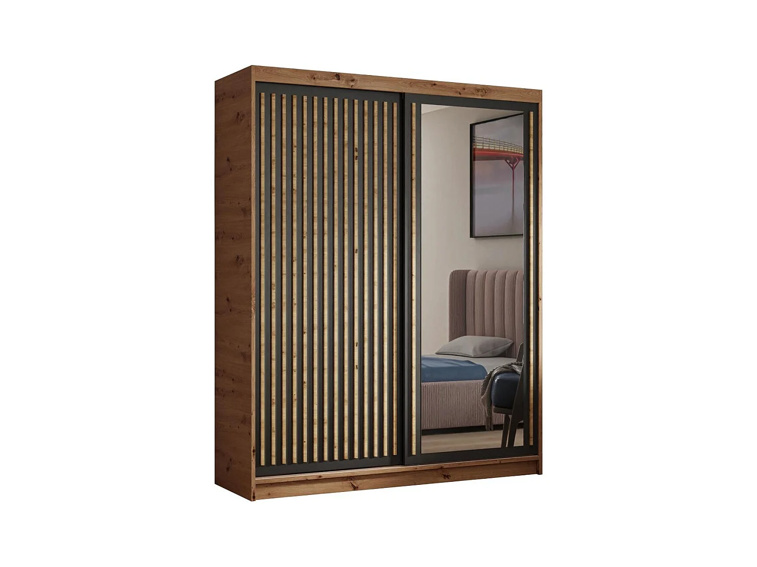 ARMOIRE A PORTES FERMÉES Donatello 100/205/60 2 portes chêne Artisan/noir avec miroir