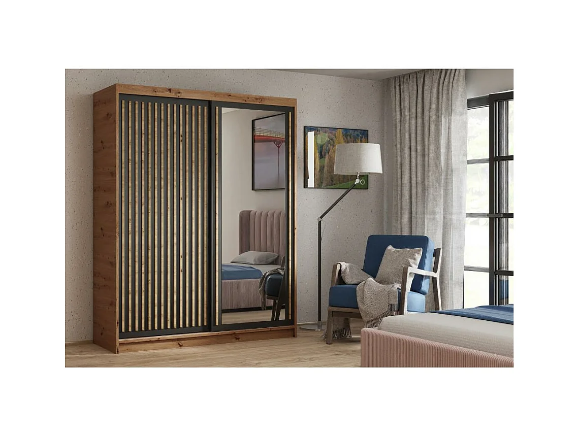 ARMOIRE A PORTES FERMÉES Donatello 100/205/60 2 portes chêne Artisan/noir avec miroir