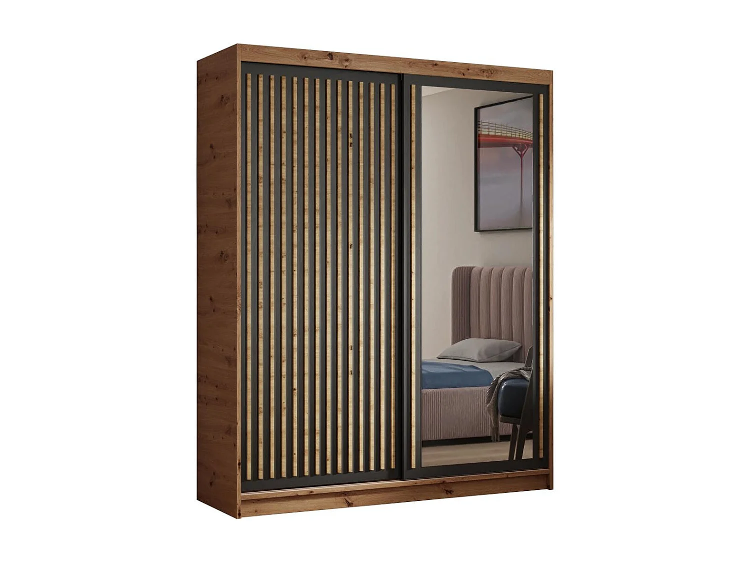 ARMOIRE A PORTES FERMÉES Donatello 100/205/60 2 portes chêne Artisan/noir avec miroir