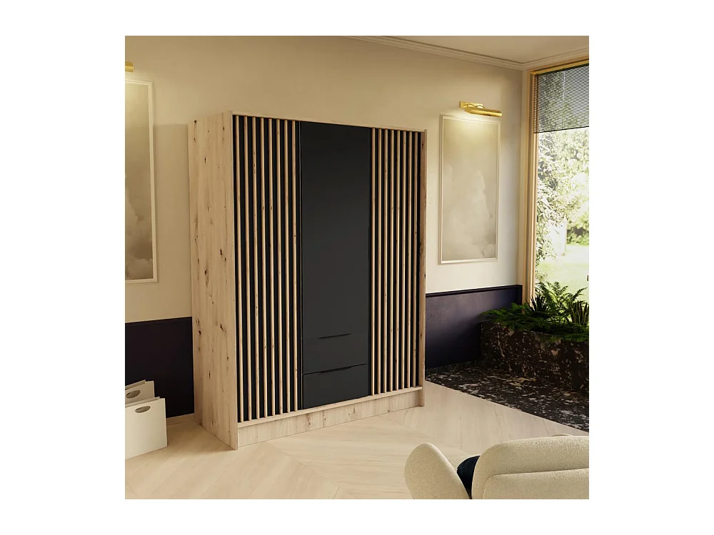 DREHTÜRENSCHRANK Nero 150/51/200 cm mit Lamellen eiche artisan+schwarz