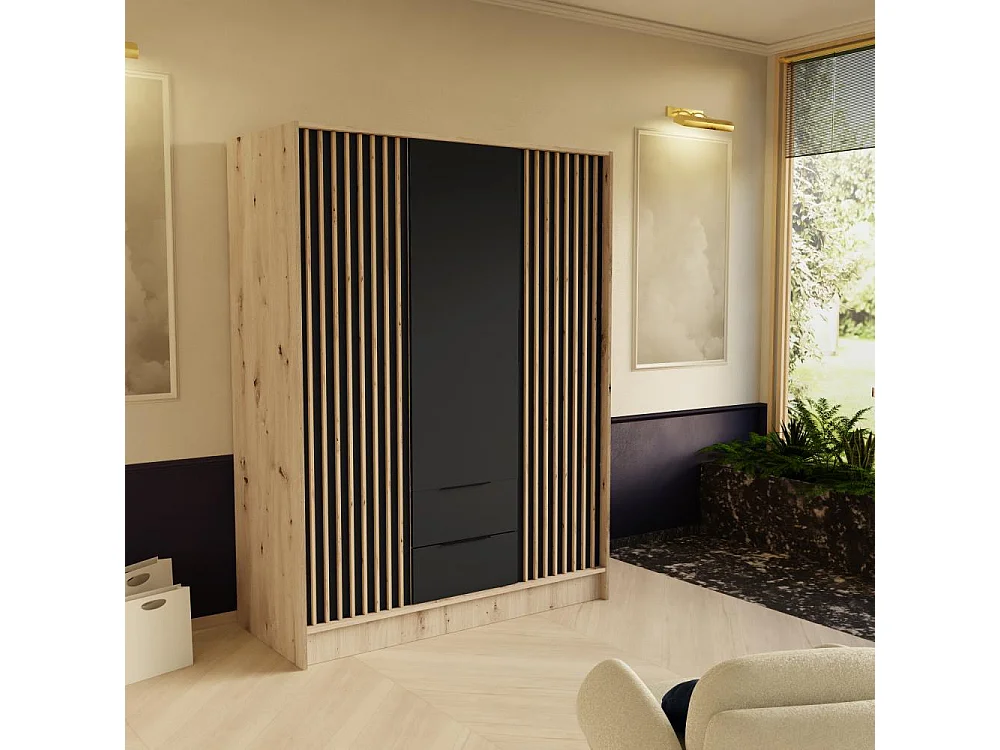 ARMOIRE A PORTES TOURNANTES Nero 150/51/200 cm avec lamelles chêne artisan+noir