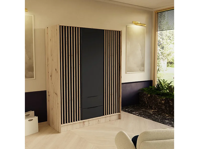 DREHTÜRENSCHRANK Nero 150/51/200 cm mit Lamellen eiche artisan+schwarz