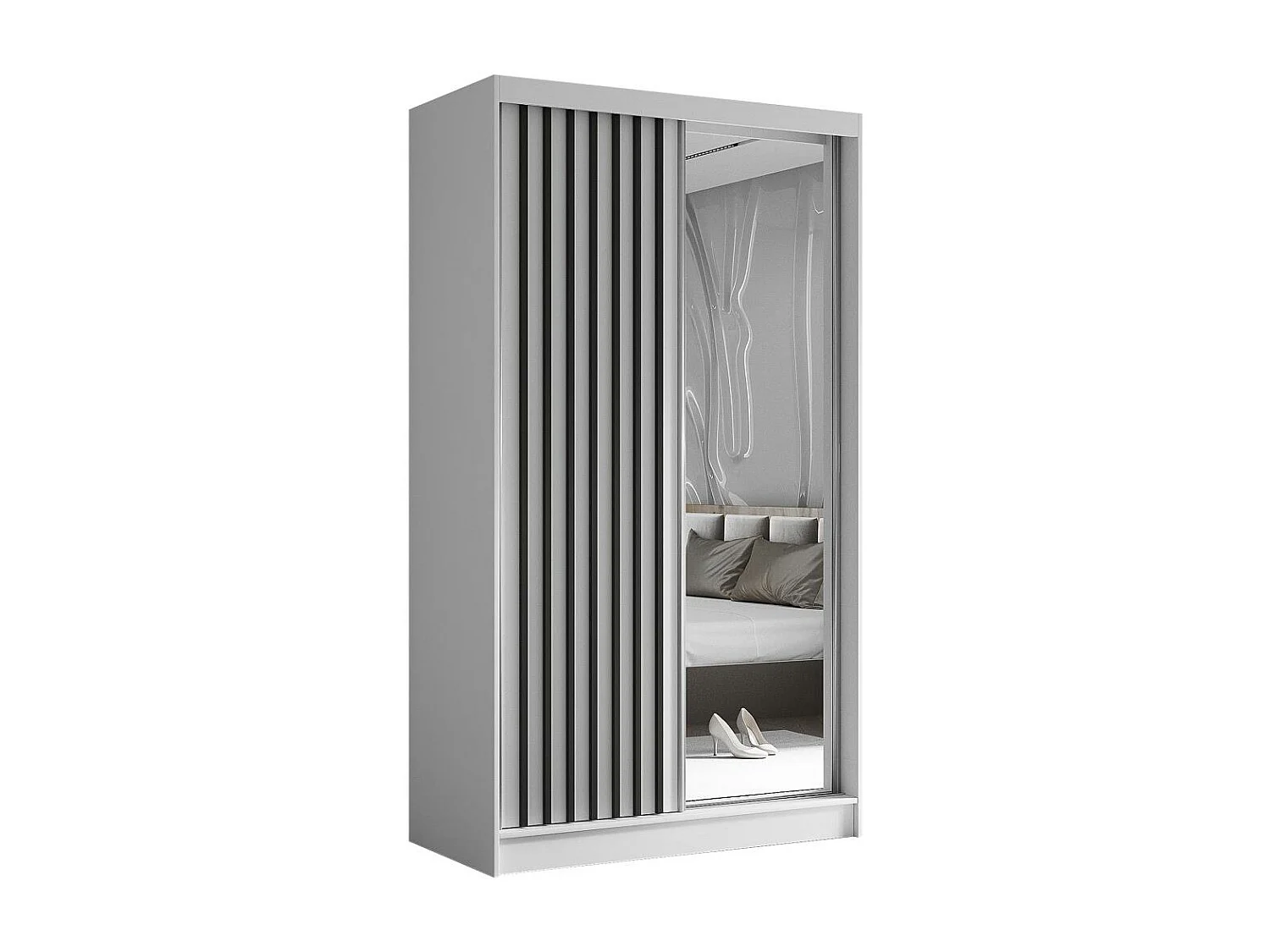 SCHWEBETÜRENSCHRANK Helix 120/216/61 weiß+schwarz mit Schubladeneinsätze