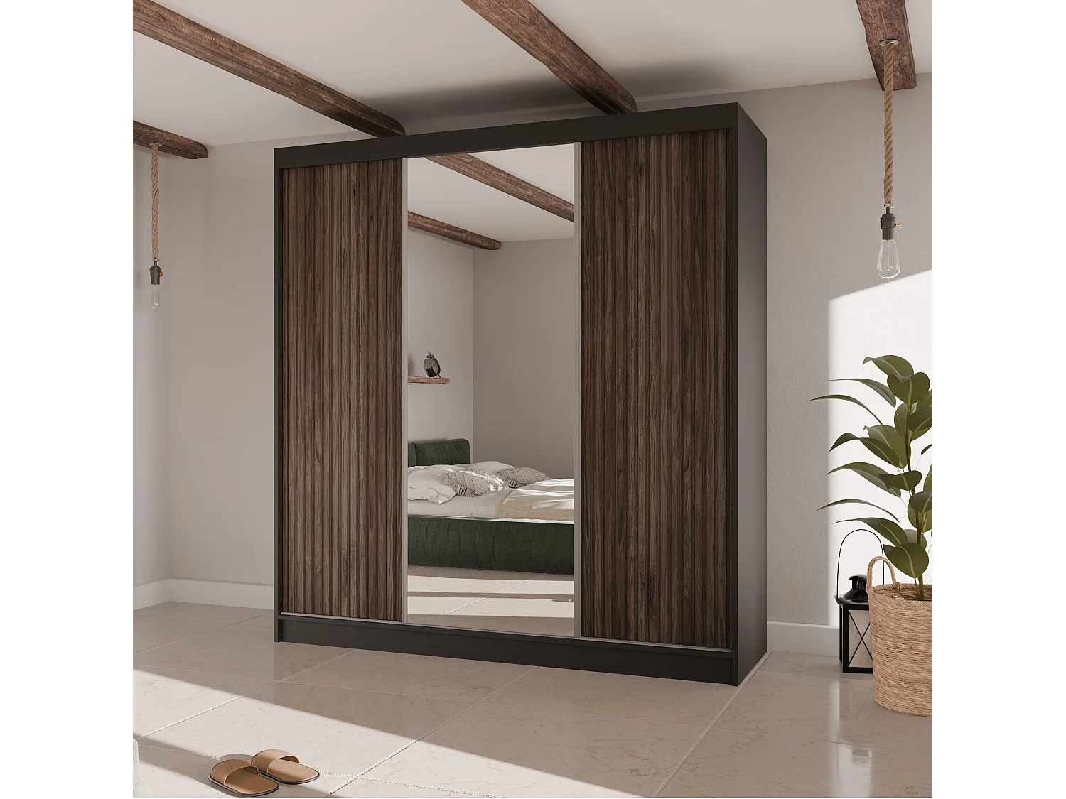 SCHWEBETÜRENSCHRANK Ramos II 200/61/215 schwarz+holzfarben