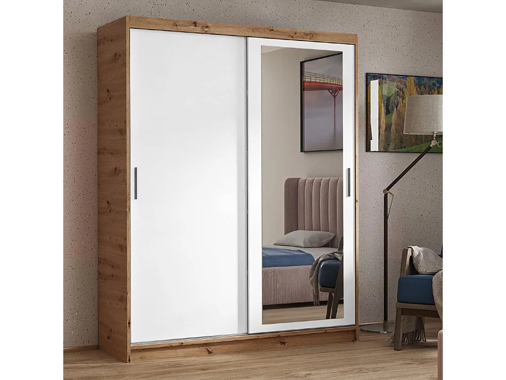 ARMOIRE À PORTES FERMÉES Hela 180/205/60 2 portes chêne Artisan+blanc avec miroir