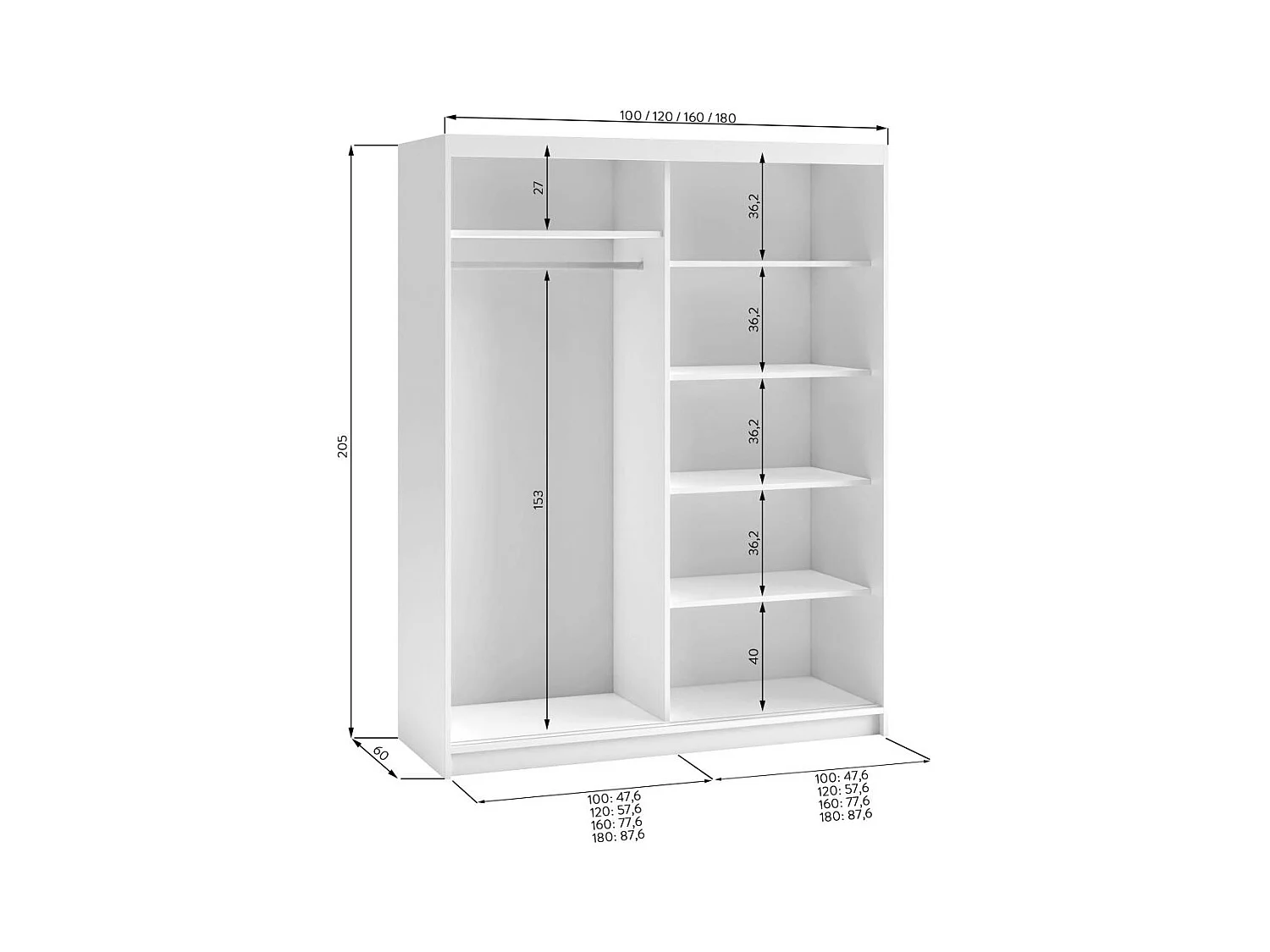 Hangkast Donatello 160/205/60 2-deurs zwart met spiegel