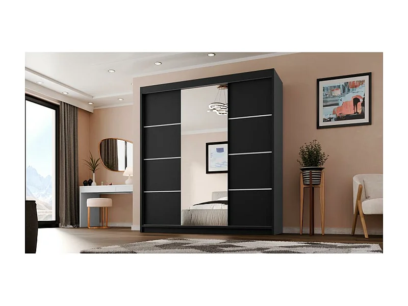 ARMOIRE A PORTES FERMÉES Milo 200/215/58 3 portes noir avec miroir