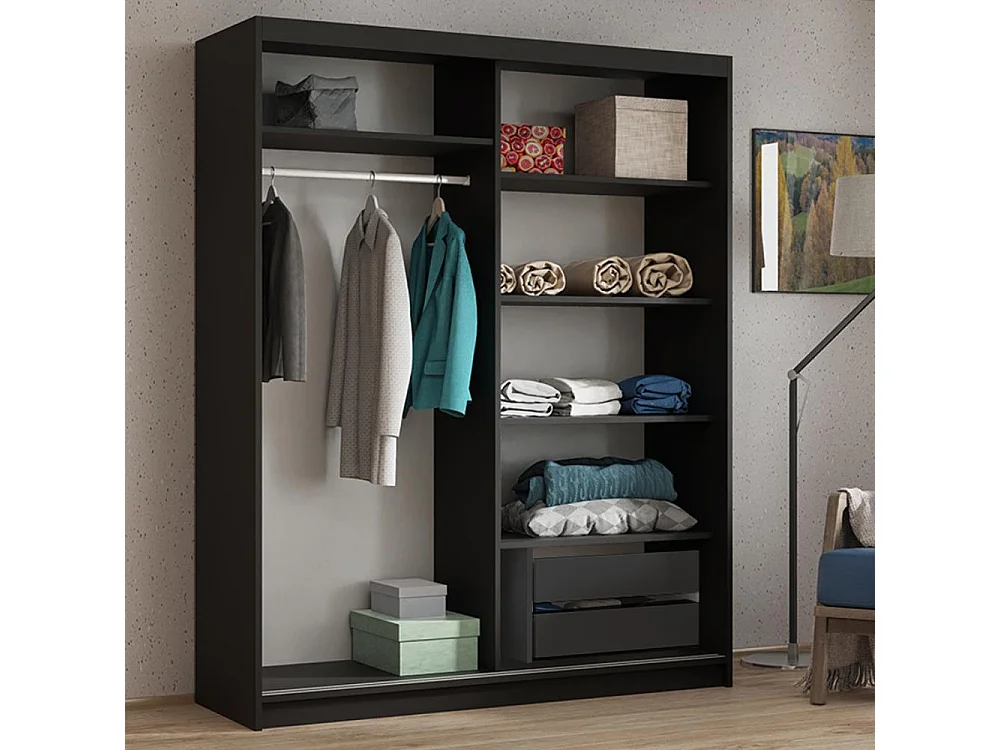 SCHWEBETÜRENSCHRANK Hela 100/205/60 2-türig schwarz mit Schubladen