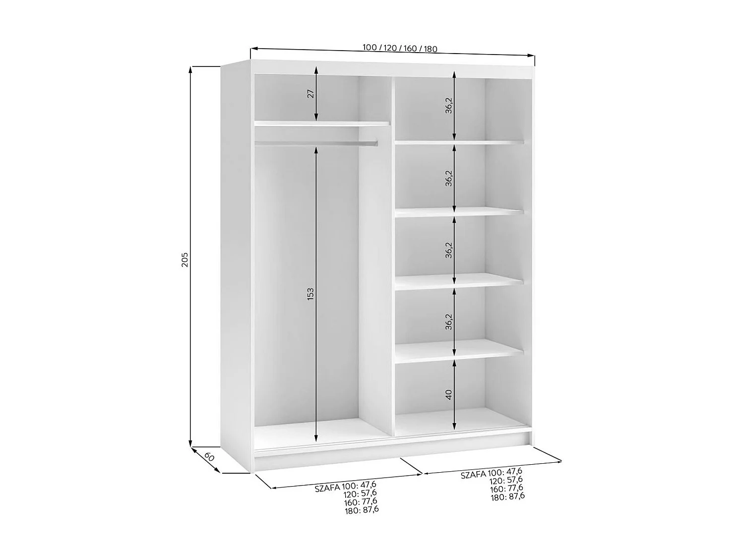 SCHWEBETÜRENSCHRANK Hela 100/205/60 2-türig schwarz mit Schubladen