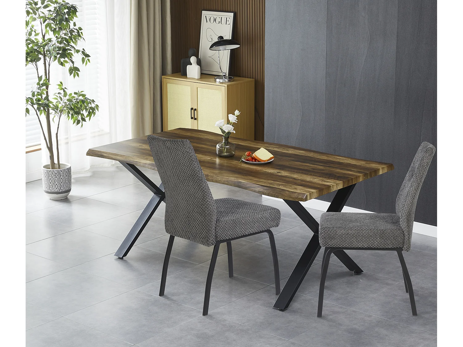 Lot de 2 chaises de salle à manger - tissu et métal - gris - ANABEL