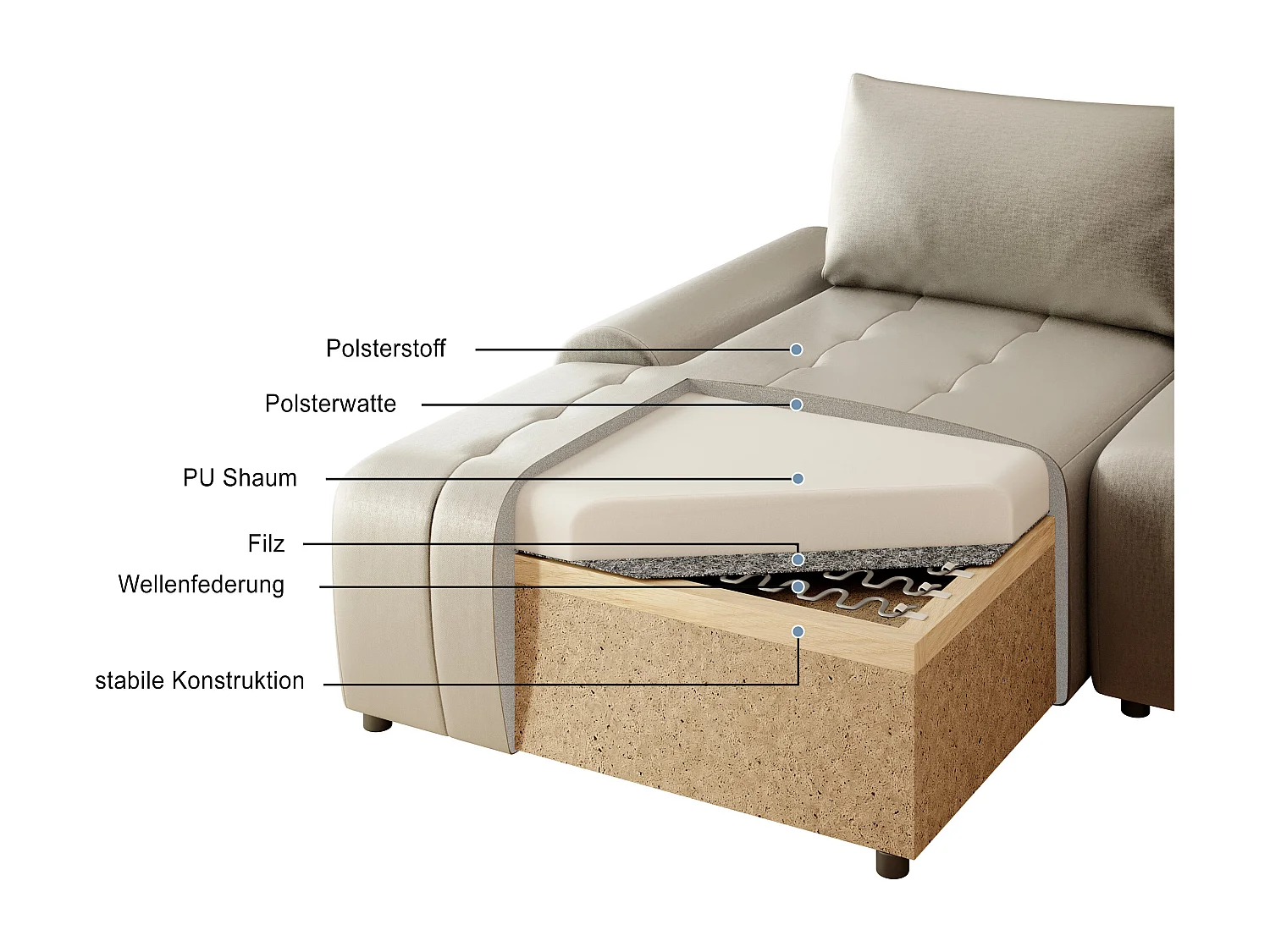 Ecksofa Costa L - mit Schlaffunktion & Bettkasten – Stoff Vogue in Dunkelgrau, Ottomane links