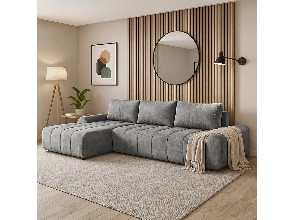 Ecksofa Costa L - mit Schlaffunktion & Bettkasten – Stoff Vogue in Grau, Ottomane links