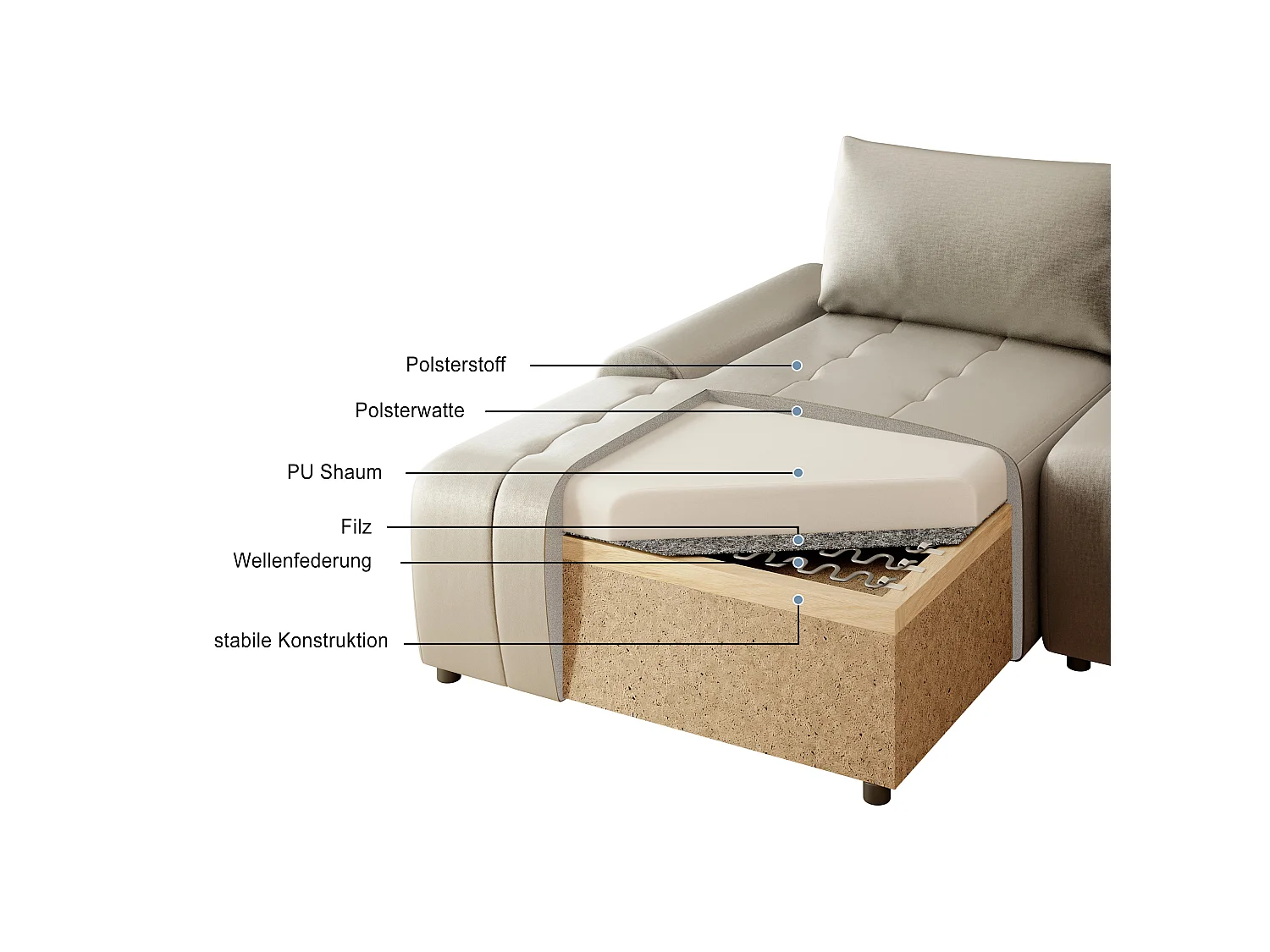 Ecksofa Costa L - mit Schlaffunktion & Bettkasten – Stoff Vogue in Grau, Ottomane links