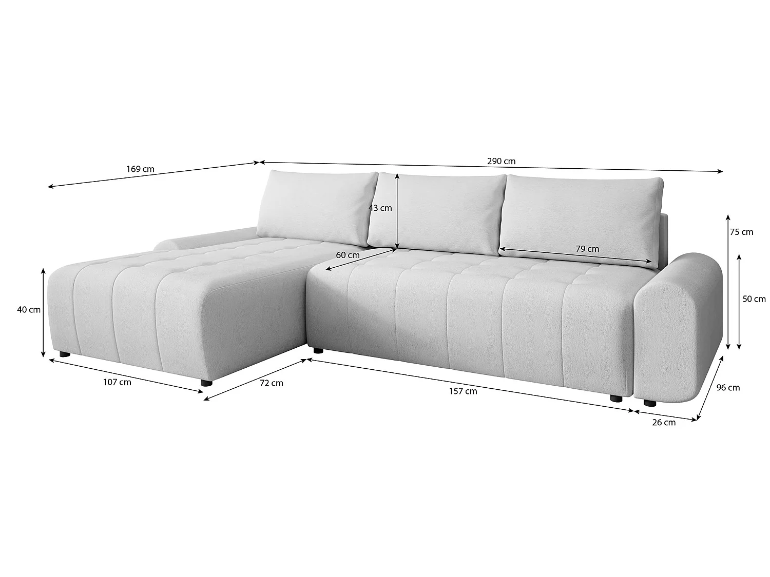 Ecksofa Costa L - mit Schlaffunktion & Bettkasten – Stoff Vogue in Grau, Ottomane links
