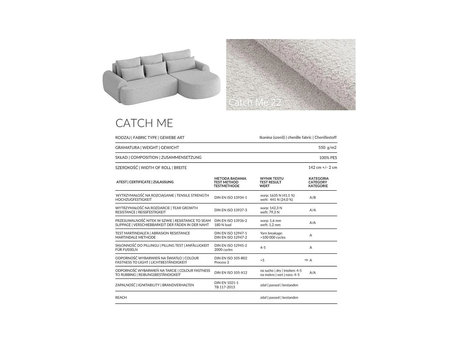 CANAPE Bari droit gris clair