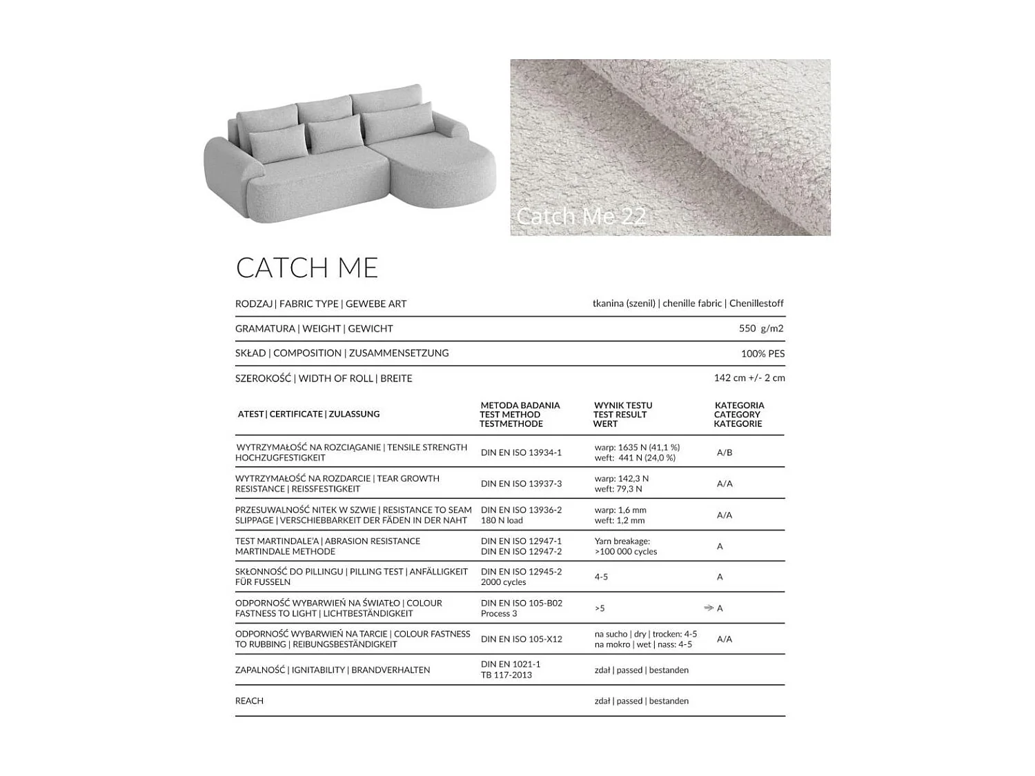 CANAPE Bari droit gris clair