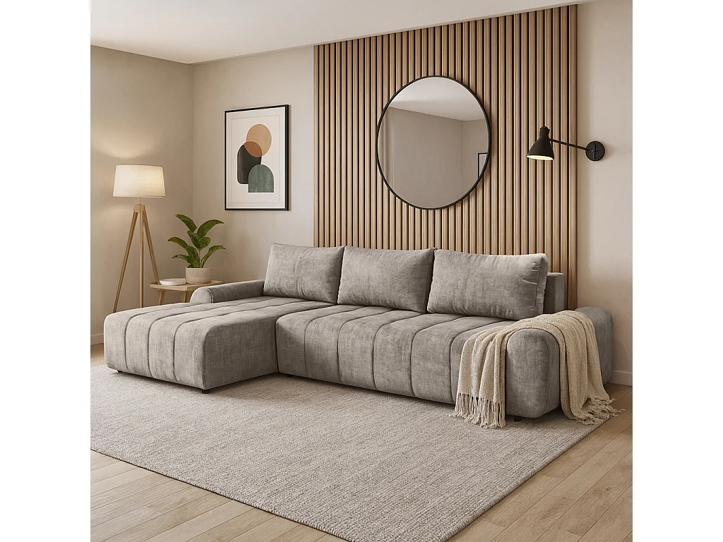 Ecksofa Costa L - mit Schlaffunktion & Bettkasten – Stoff Vogue in Cappuccino, Ottomane links